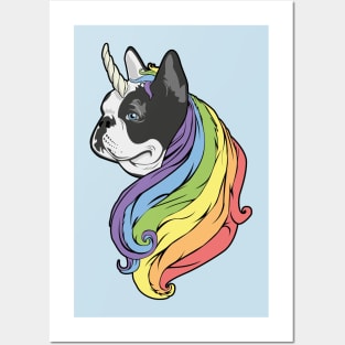 Frenchie with Rainbow mane and unicorn horn Posters and Art